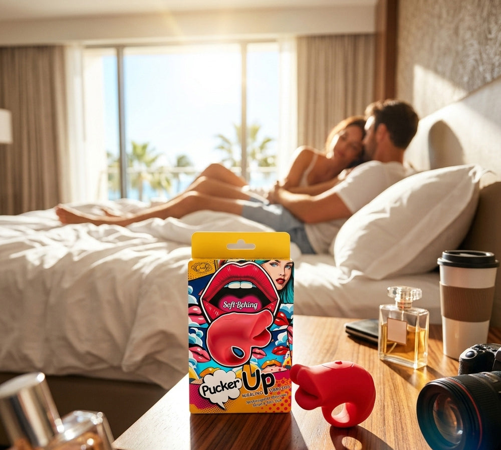 Pucker Up Lips With Ergonomic Finger Hold Red Vibrator packaging in a romantic hotel setting.