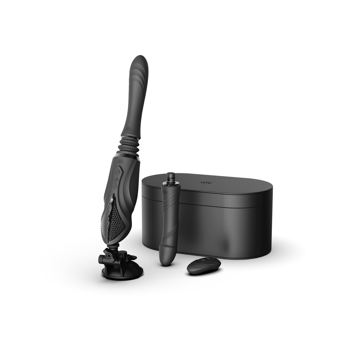 ZALO Sesh Compact Sex Machine in Obsidian Black with PowerThrust, telescopic range, and replaceable vibrating massage sticks.