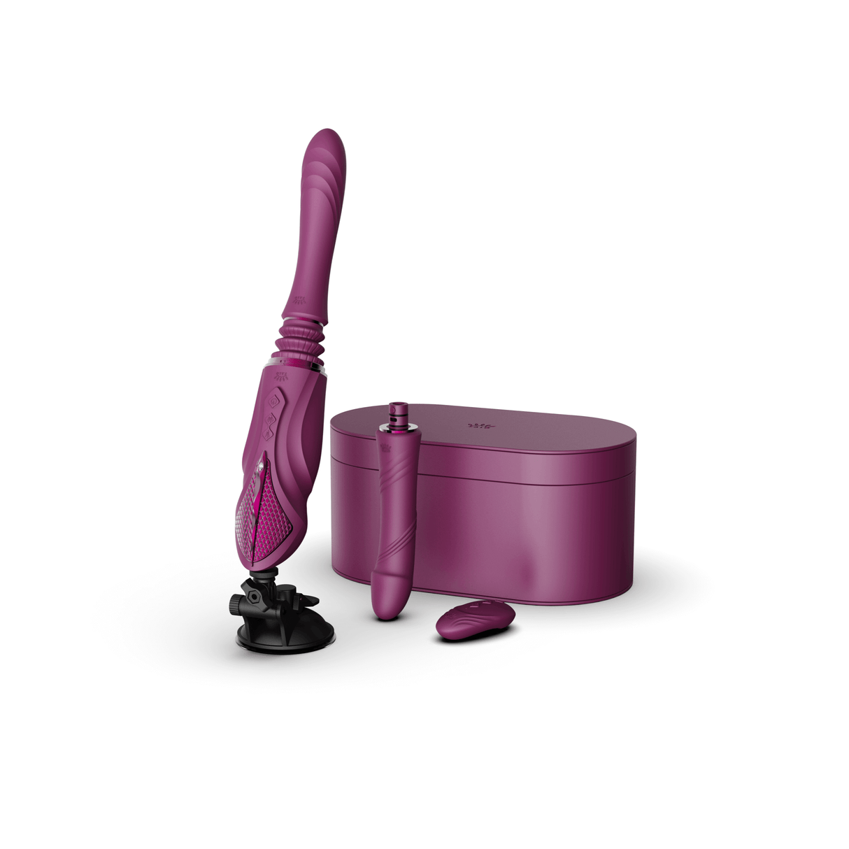 ZALO Sesh Compact Sex Machine Velvet Purple with PowerThrust technology, two vibrating sticks, and storage case.