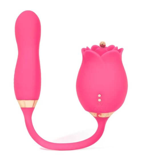 The Gg Rose Stem Thrusting Stimulator in pink, featuring a rose-inspired design and sensual curves for intimate pleasure.
