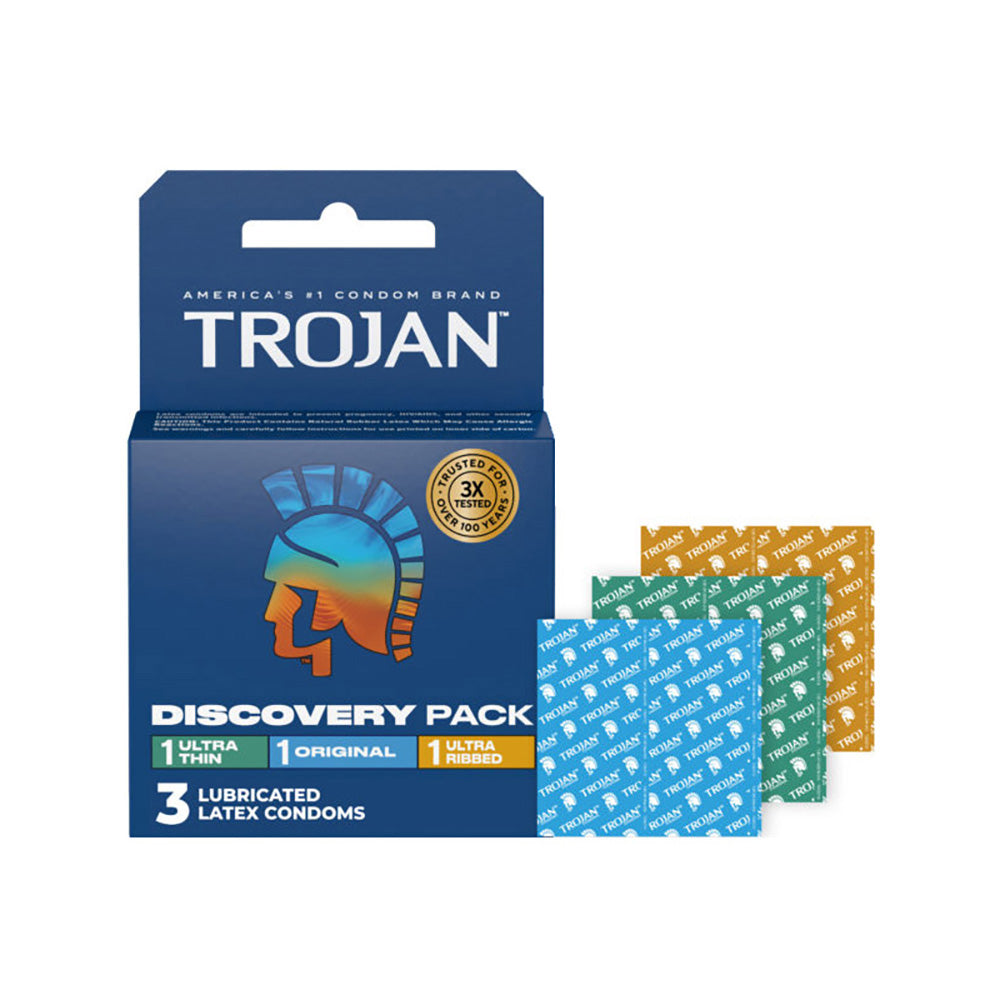 Trojan Discovery Condom Variety 3 Pack including ultra thin, original, and ultra ribbed options.