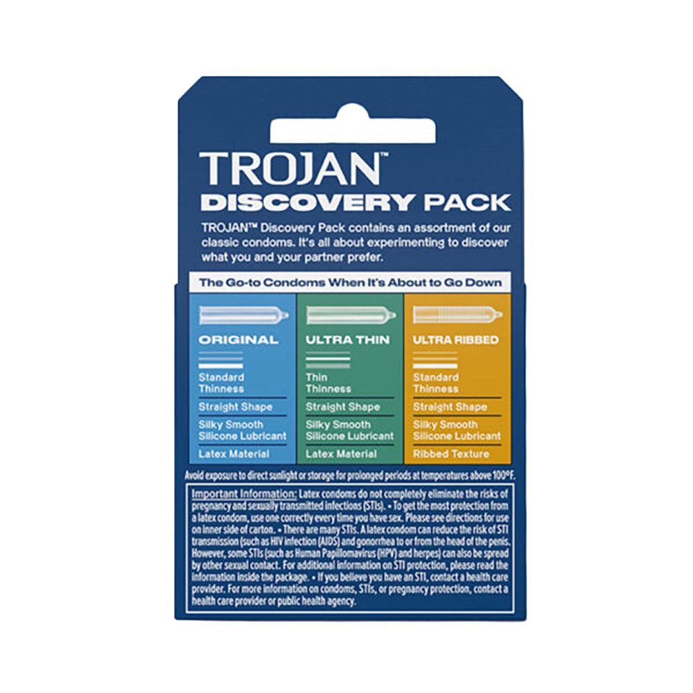 Trojan Discovery Condom Variety 3 Pack with three iconic Trojan condom styles for sensation and comparison.