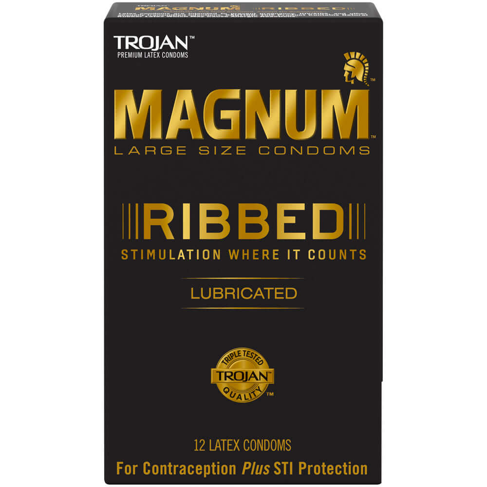 Trojan Magnum Ribbed Condoms 12 Pack packaging highlighting stimulation and lubrication features.
