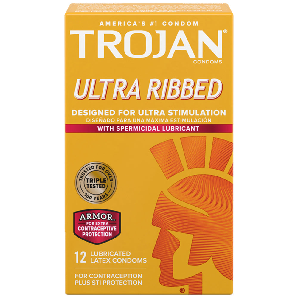 Trojan Ultra Ribbed Armor Spermicidal 12pk condom box designed for enhanced stimulation and pregnancy protection.