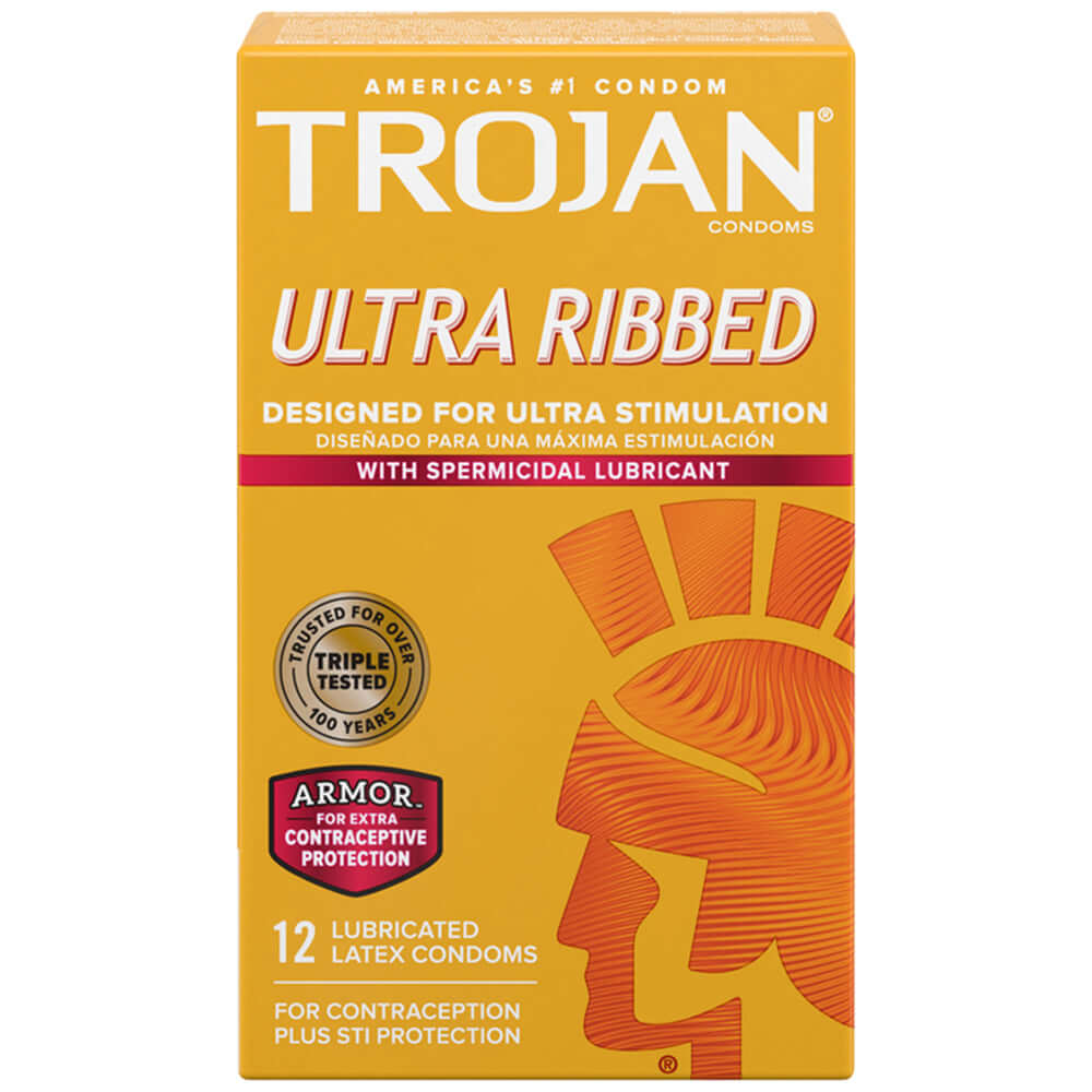 Trojan Ultra Ribbed Armor Spermicidal 12pk condom box designed for enhanced stimulation and pregnancy protection.