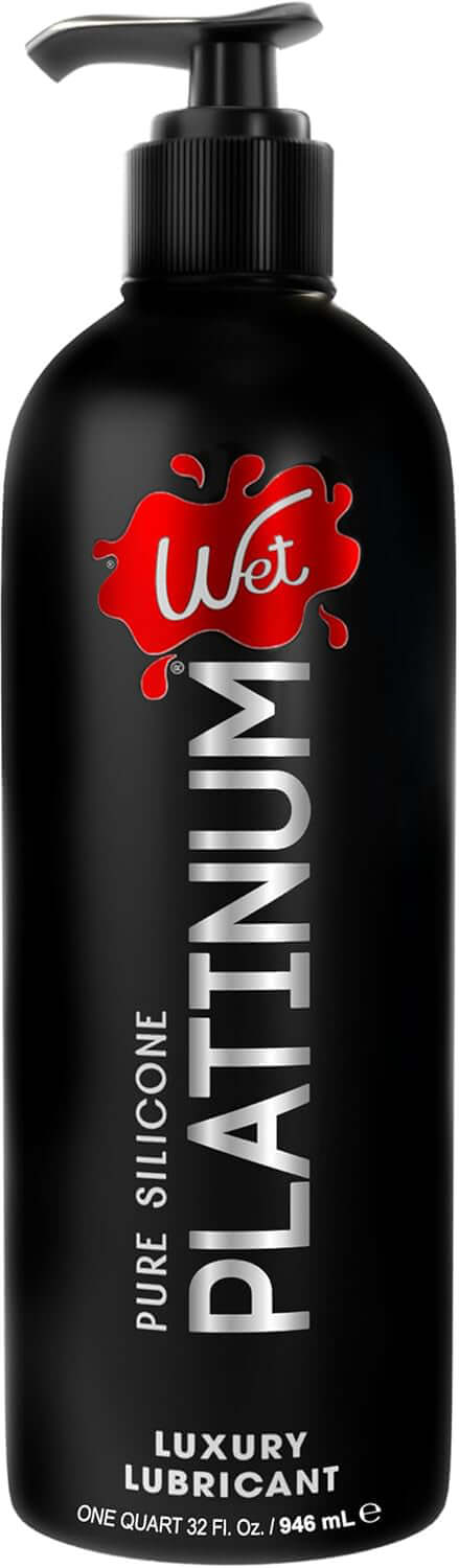 Wet Platinum Luxury Silicone Lubricant 32 Oz bottle featuring pure silicone formula and pump dispenser.