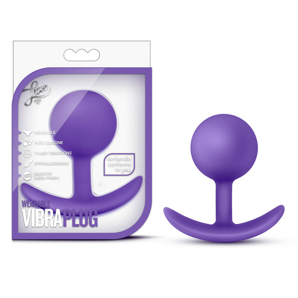 Blush Luxe Wearable Vibra Anal Plug Purple in packaging, showcasing its smooth design and comfortable fit.