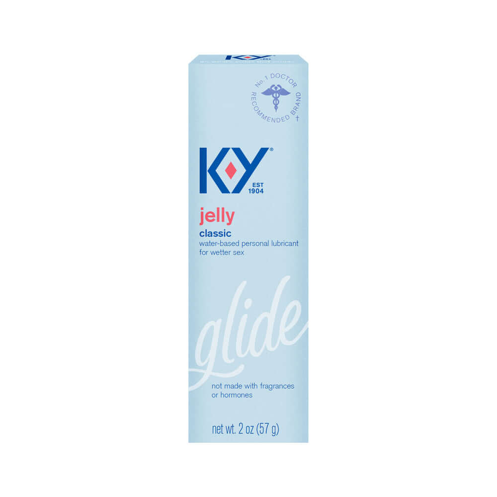 K-y Jelly Classic Water-based Glide 2 Oz packaging featuring a blue design, labeled as a personal lubricant for wetter sex.