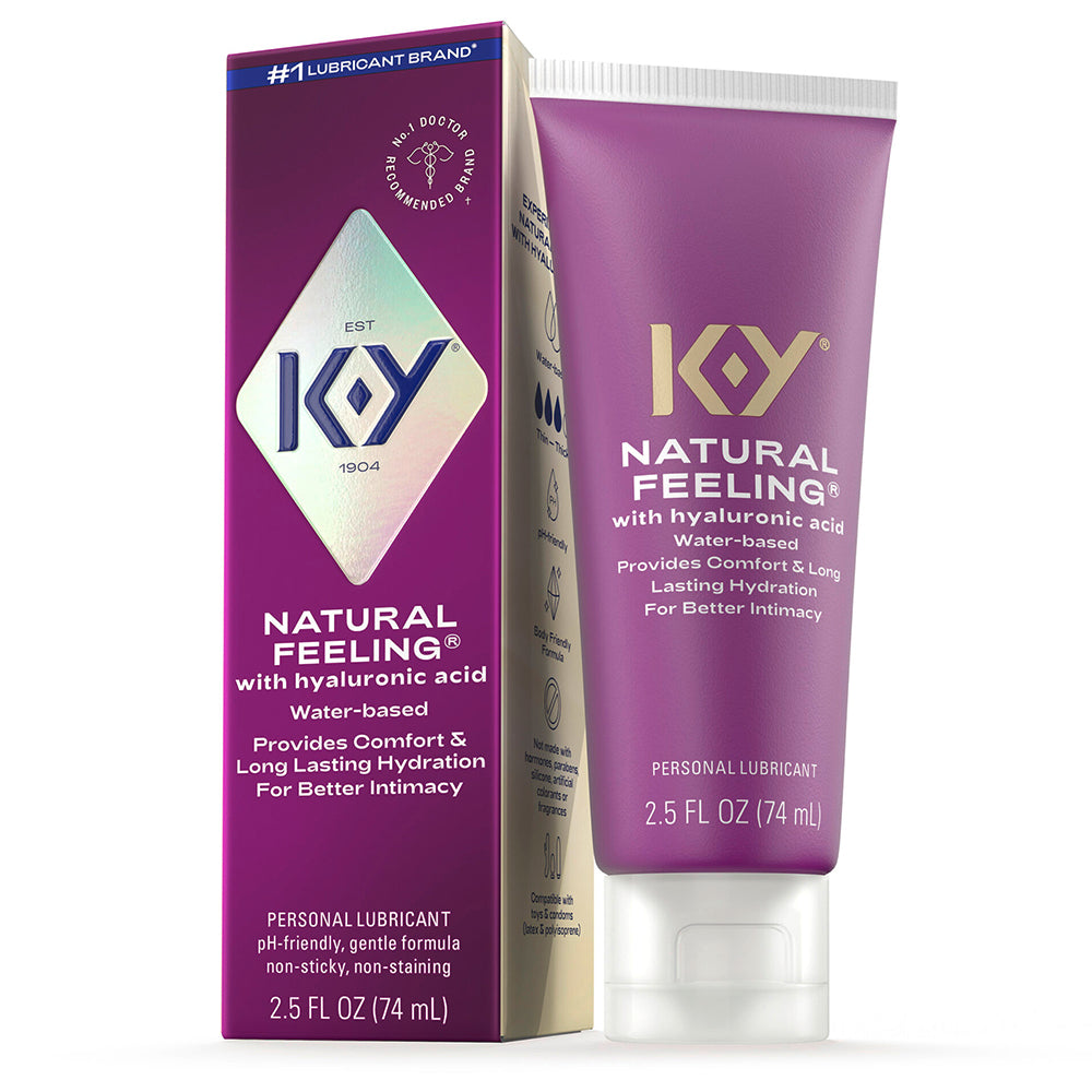 K-Y Natural Feeling Hyaluronic Acid Lubricant 2.5 Oz packaging and tube displaying product benefits and features.