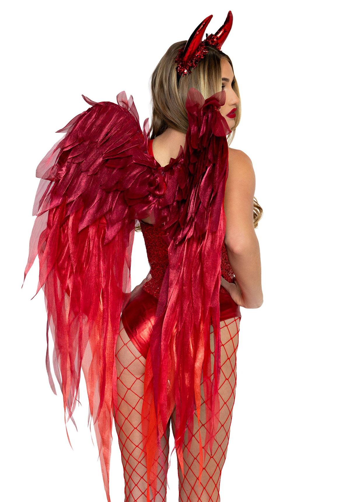 Leg Avenue Devil Ombre Chiffon Wings & Horn Headband Red worn by model with dramatic red wings and horn headband.