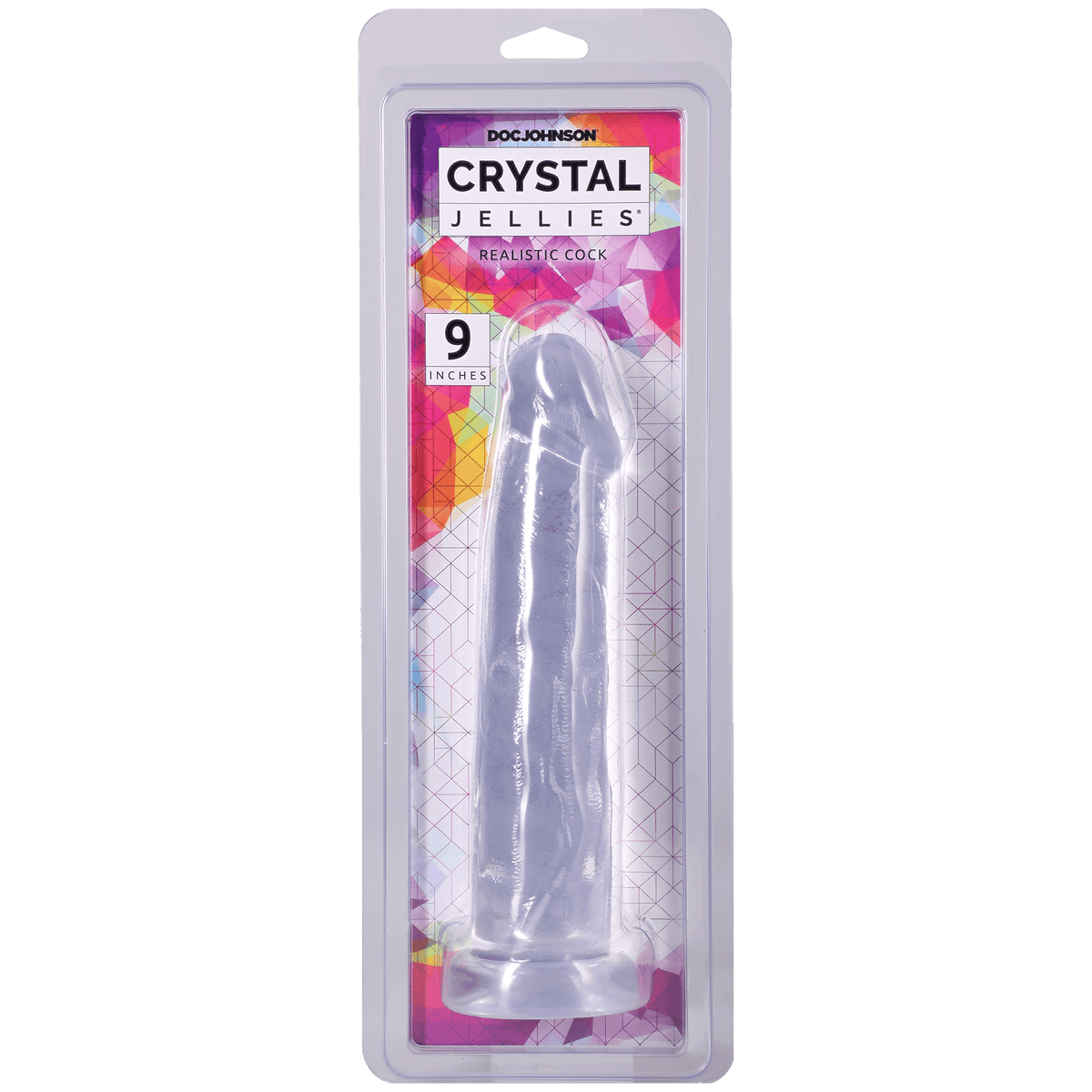 Crystal Jellies Realistic Cock 9 Inch Clear in packaging by Doc Johnson, showcasing its lifelike detail and clear design.
