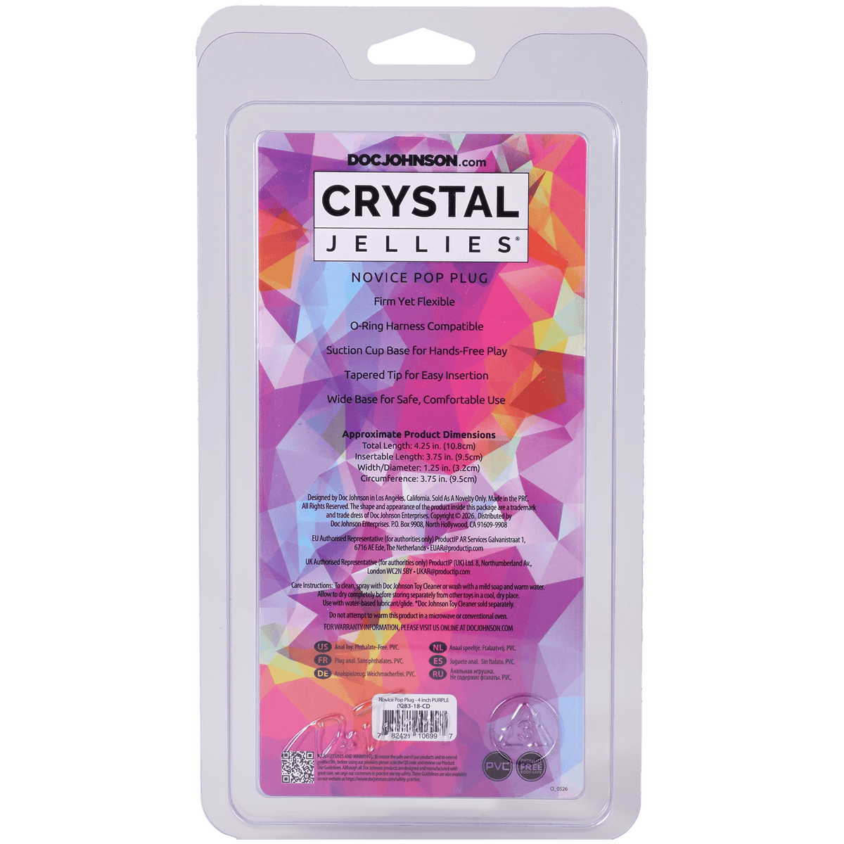 Crystal Jellies Novice Pop Plug 4 Inch Purple packaging with product details and features.