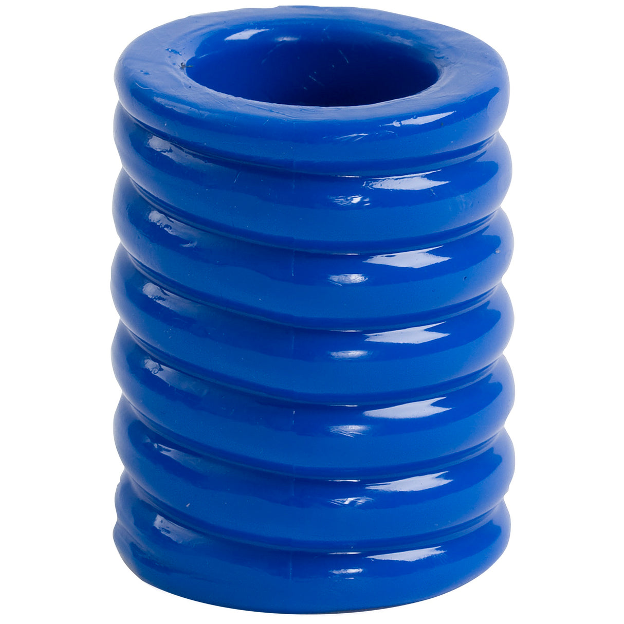 TitanMen Ribbed Stretch To Fit Cock Cage Blue, a ribbed blue cock cage designed to enhance firmness and girth.
