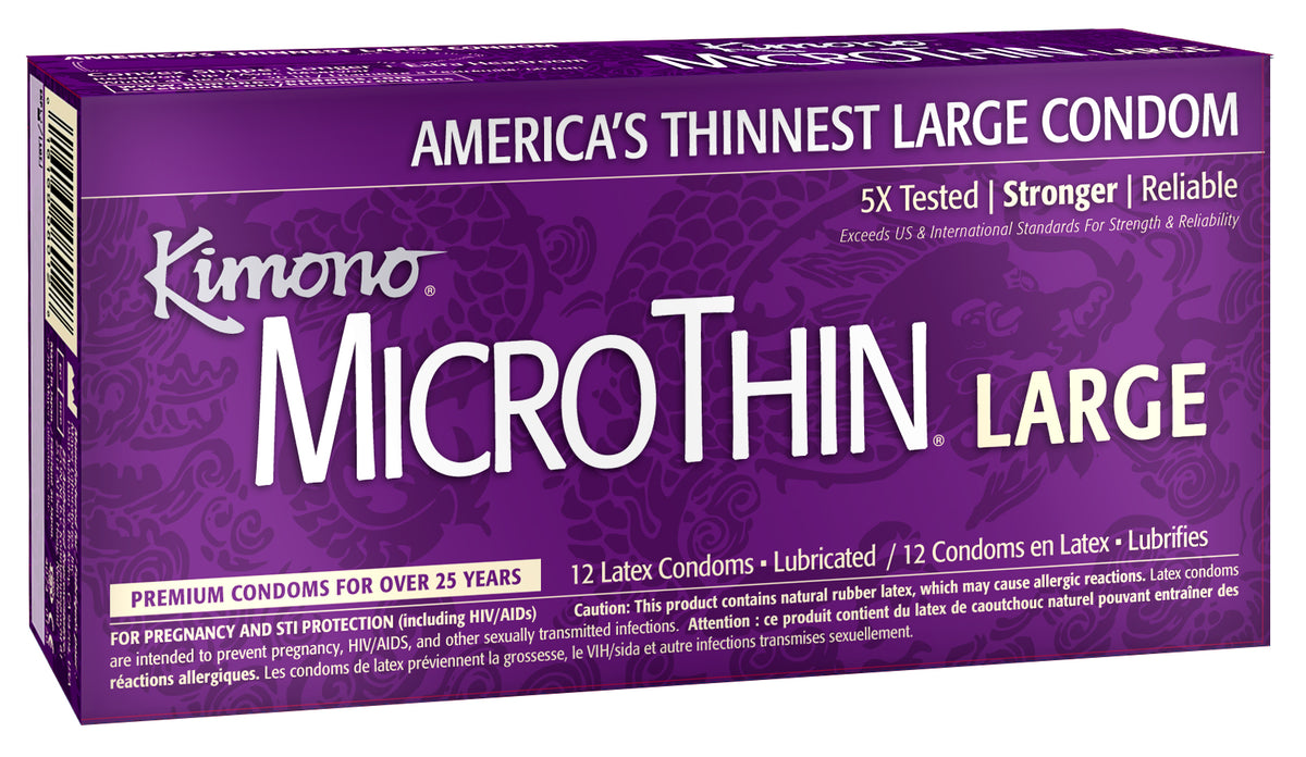Kimono Microthin Large Latex Condoms 12 Pack packaging displaying America's thinnest large condom features.
