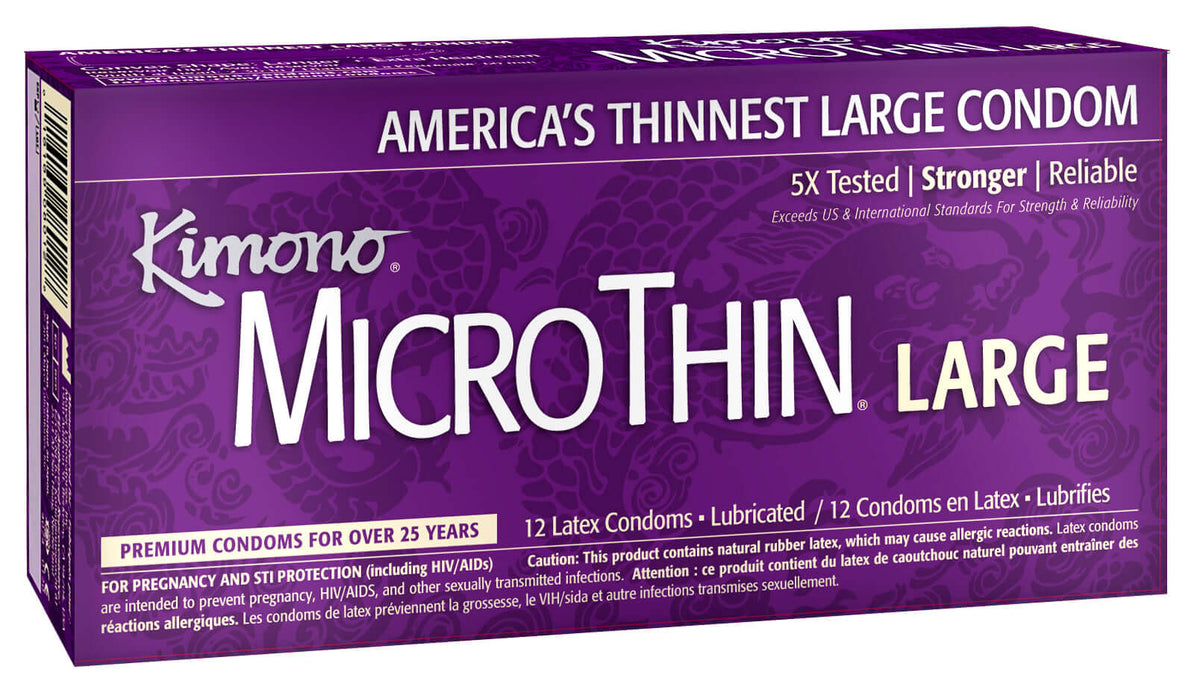 Kimono Microthin Large Latex Condoms 12 Pack packaging displaying America's thinnest large condom features.