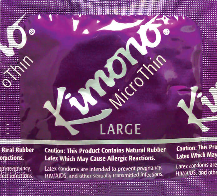Kimono Microthin Large Latex Condoms 12 Pack packaging featuring a purple design and allergy warnings.