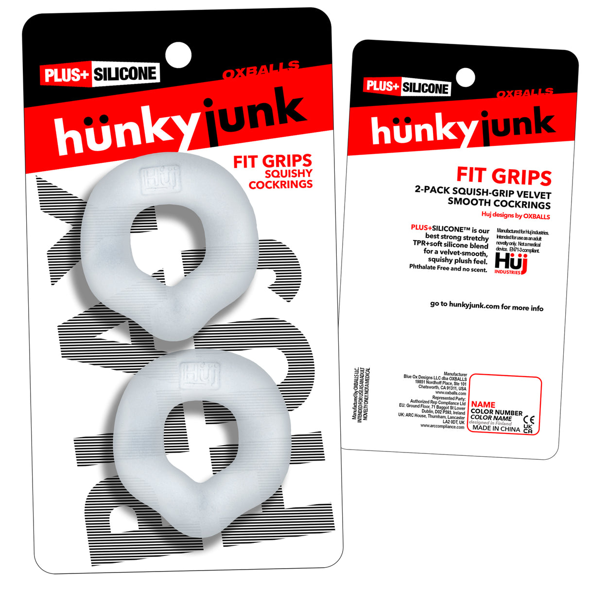 Oxballs Fit Grips 2-Pack Ergo-Fit Cockrings Clear packaging with two squishy rings prominently displayed.