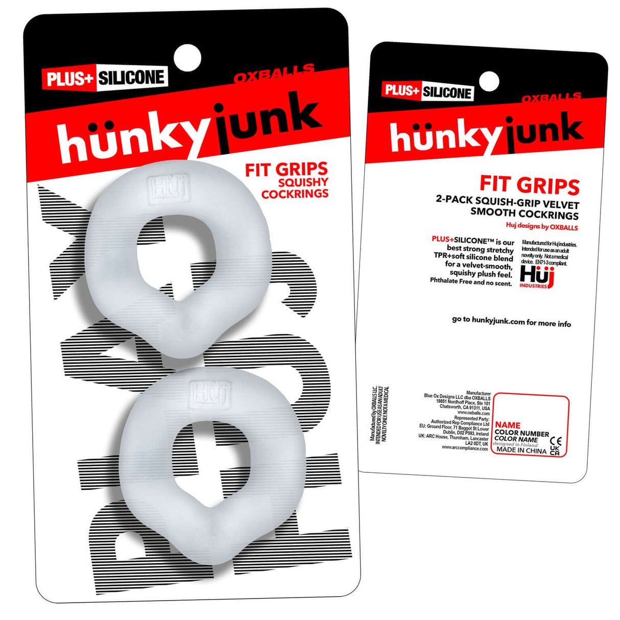 Oxballs Fit Grips 2-Pack Ergo-Fit Cockrings Clear packaging with two squishy rings prominently displayed.
