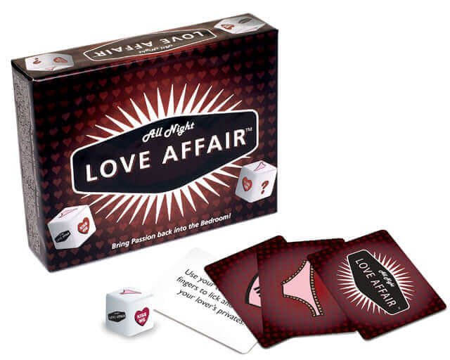 All Night Love Affair Bedroom Game box with dice and cards for couples to spark intimacy and fun.