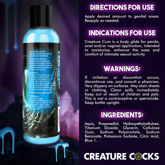 Creature Cum Blue Jizz Water-Based Lubricant 8 Oz with usage directions and ingredient list
