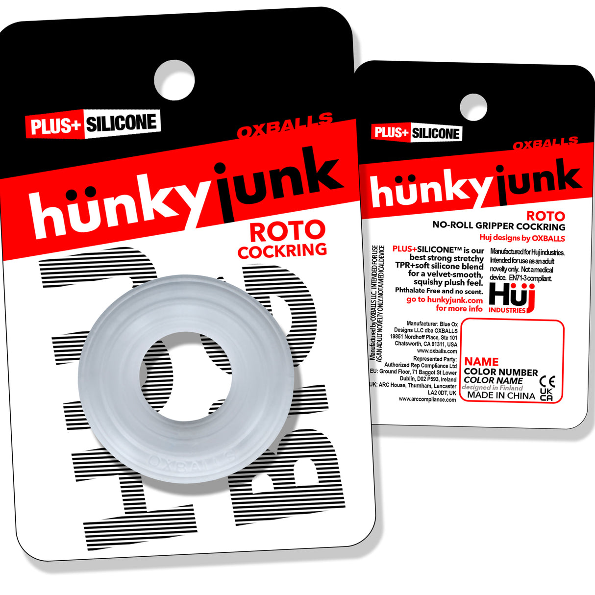Oxballs Roto Grooved Gripper-Ribbed Cockring Clear Steam displayed in packaging, featuring a clear silicone design and product details.
