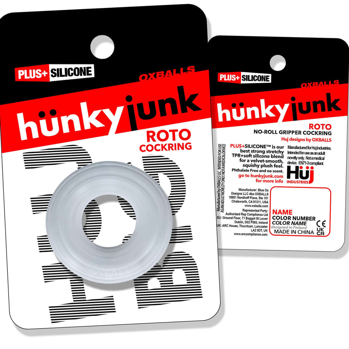 Oxballs Roto Grooved Gripper-Ribbed Cockring Clear Steam displayed in packaging, featuring a clear silicone design and product details.