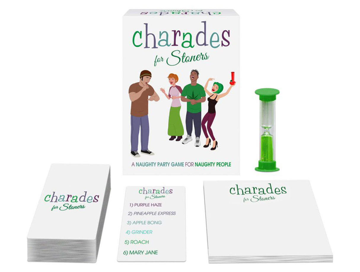 Charades for Stoners Adult Party Card Game with game box, prompts, and hourglass timer.
