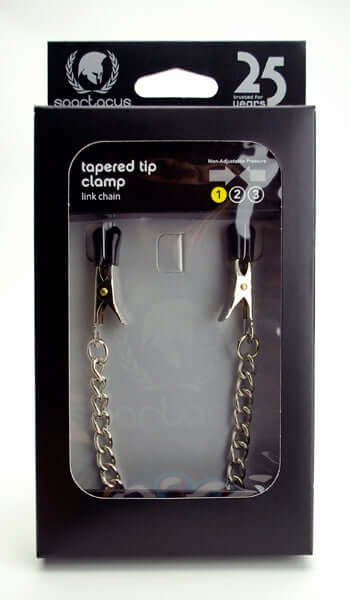 Spartacus Endurance Nipple Clamps Tapered Tip packaging showcasing nipple clamps with rubber tips and link chain.