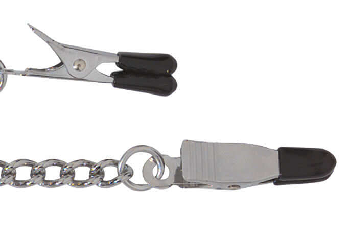 Spartacus Endurance Nipple Clamps Tapered Tip showing rubber-tipped clamps and connecting chain for nipple play.