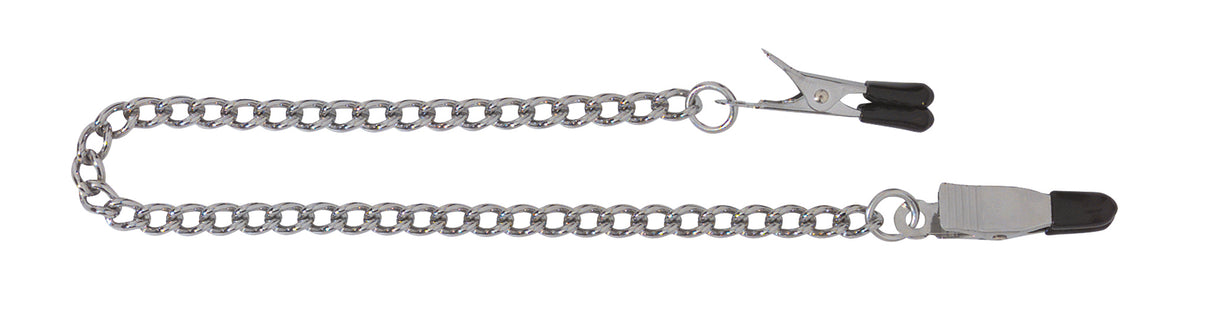 Spartacus Endurance Nipple Clamps Tapered Tip - silver chain with rubber-tipped clamps for nipple play.