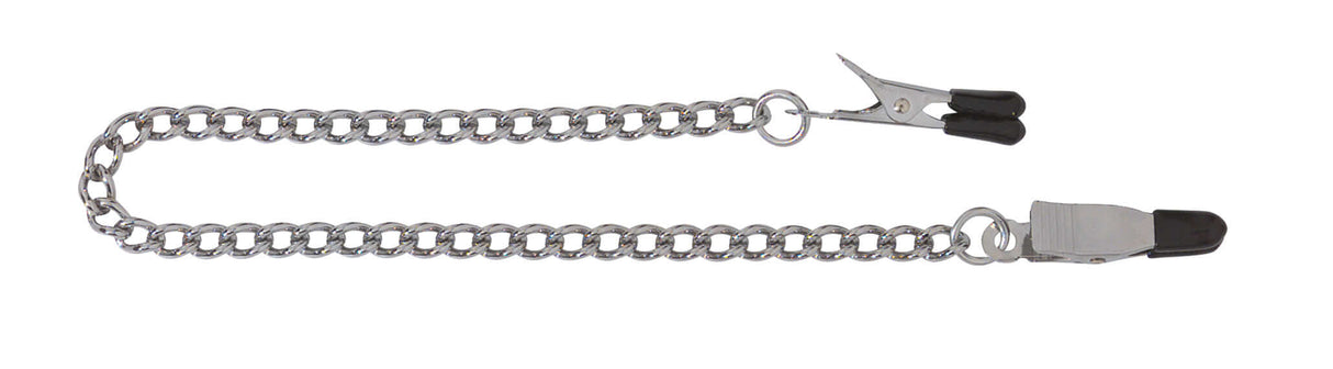 Spartacus Endurance Nipple Clamps Tapered Tip - silver chain with rubber-tipped clamps for nipple play.