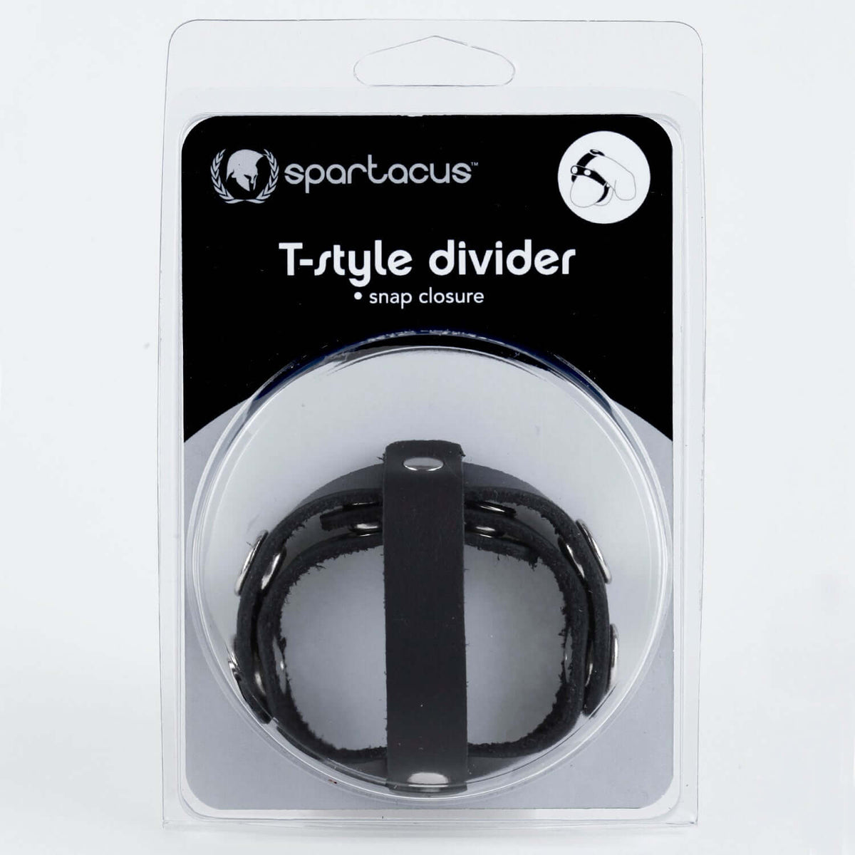 Spartacus Leather T Style Cock and Ball Divider Black in packaging showcasing snap closure design.