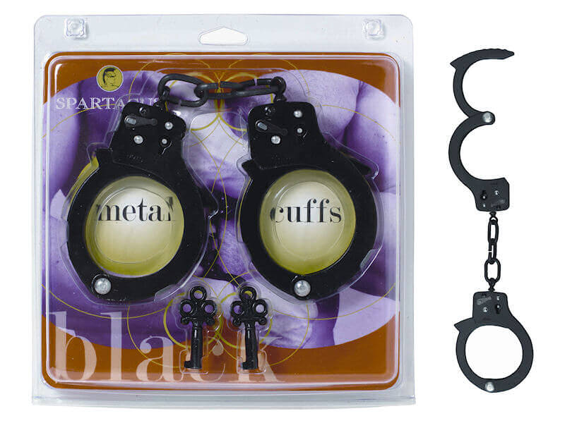 Spartacus Black Single Lock Handcuffs metal cuff set in packaging with keys, perfect for bondage sessions.
