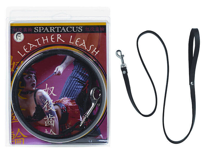 Spartacus Leather Leash 4 Feet Black in packaging with leather leash showcased next to it