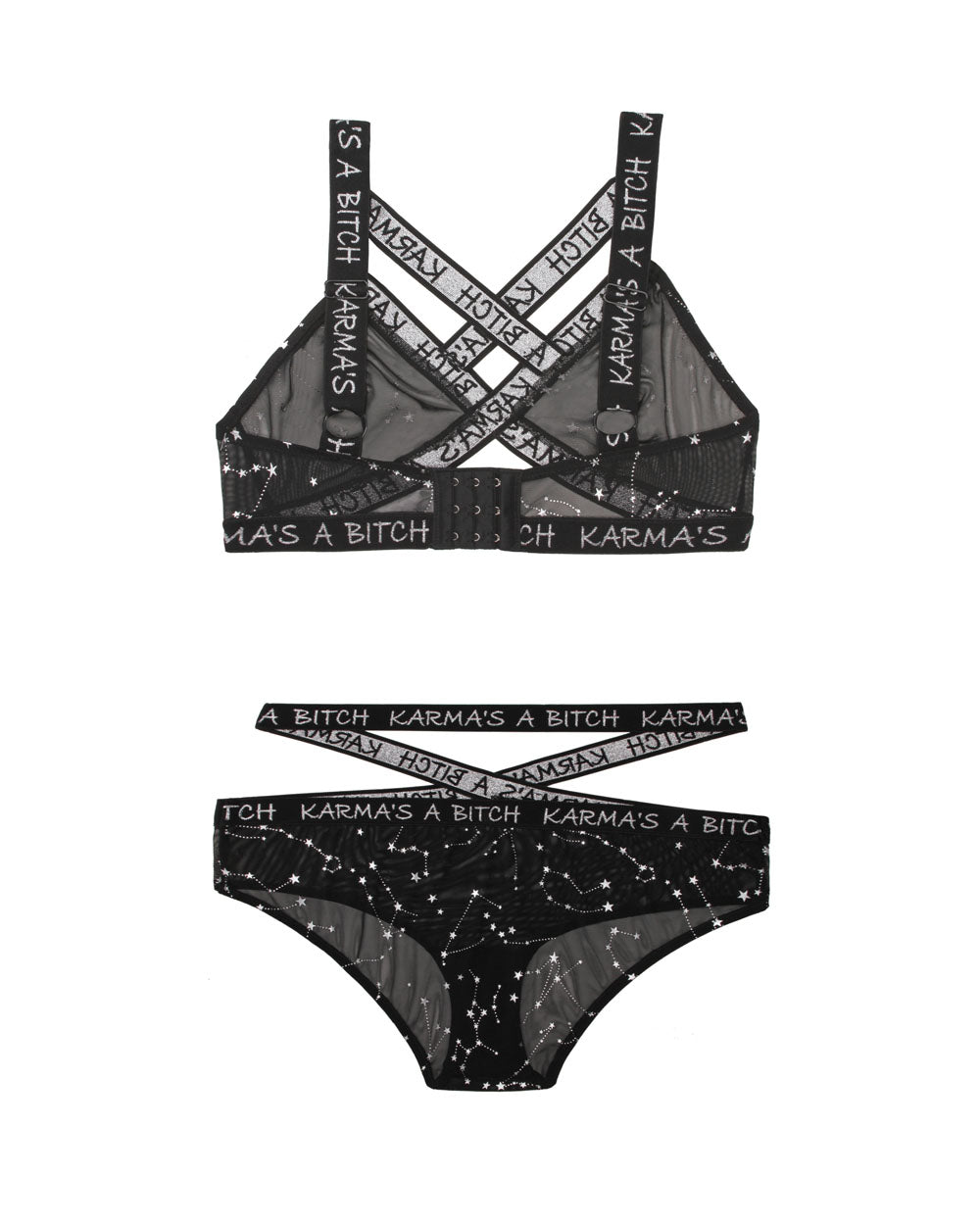 Karma's a Bitch Bralette and Cutout Panty Set Black M L featuring caged design and metallic mesh.