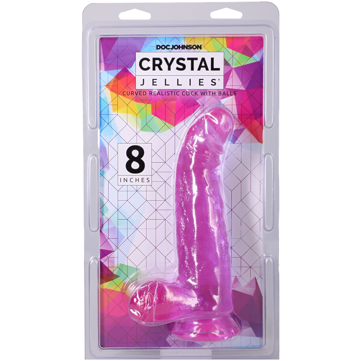 Crystal Jellies Curved Realistic Cock With Balls 8 Inch Purple in packaging, showing its details and size.