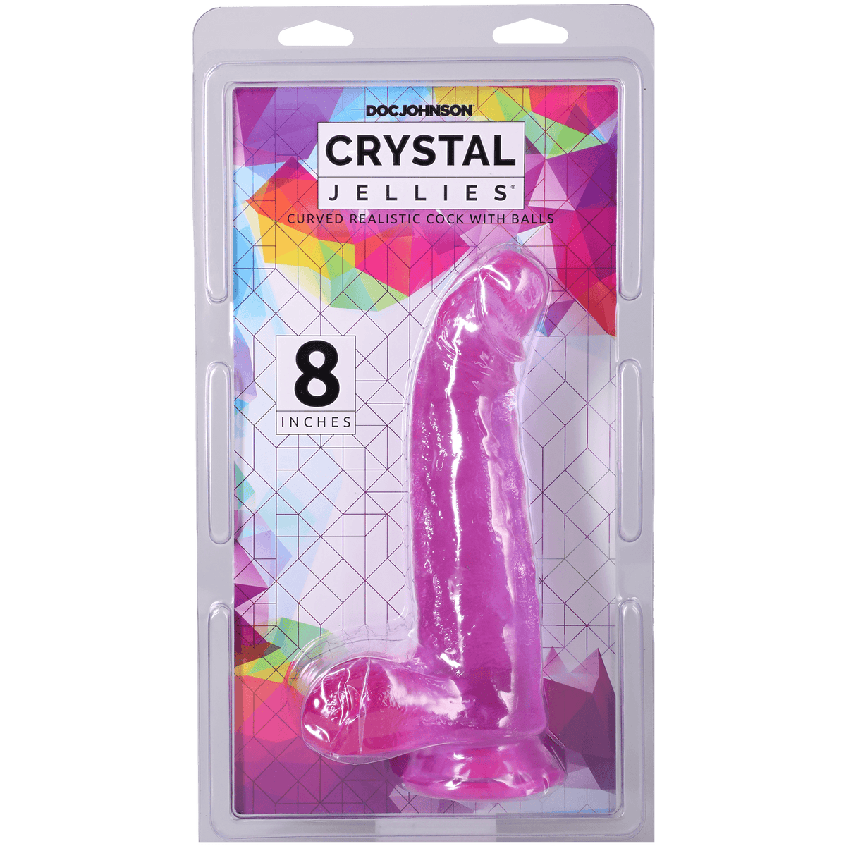 Crystal Jellies Curved Realistic Cock With Balls 8 Inch Purple in packaging, showing its details and size.