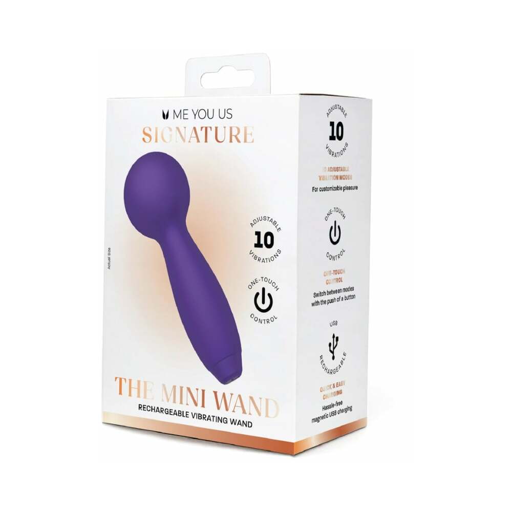 Me You Us Signature The Mini Wand Vibrator packaging showcasing its features and compact design.