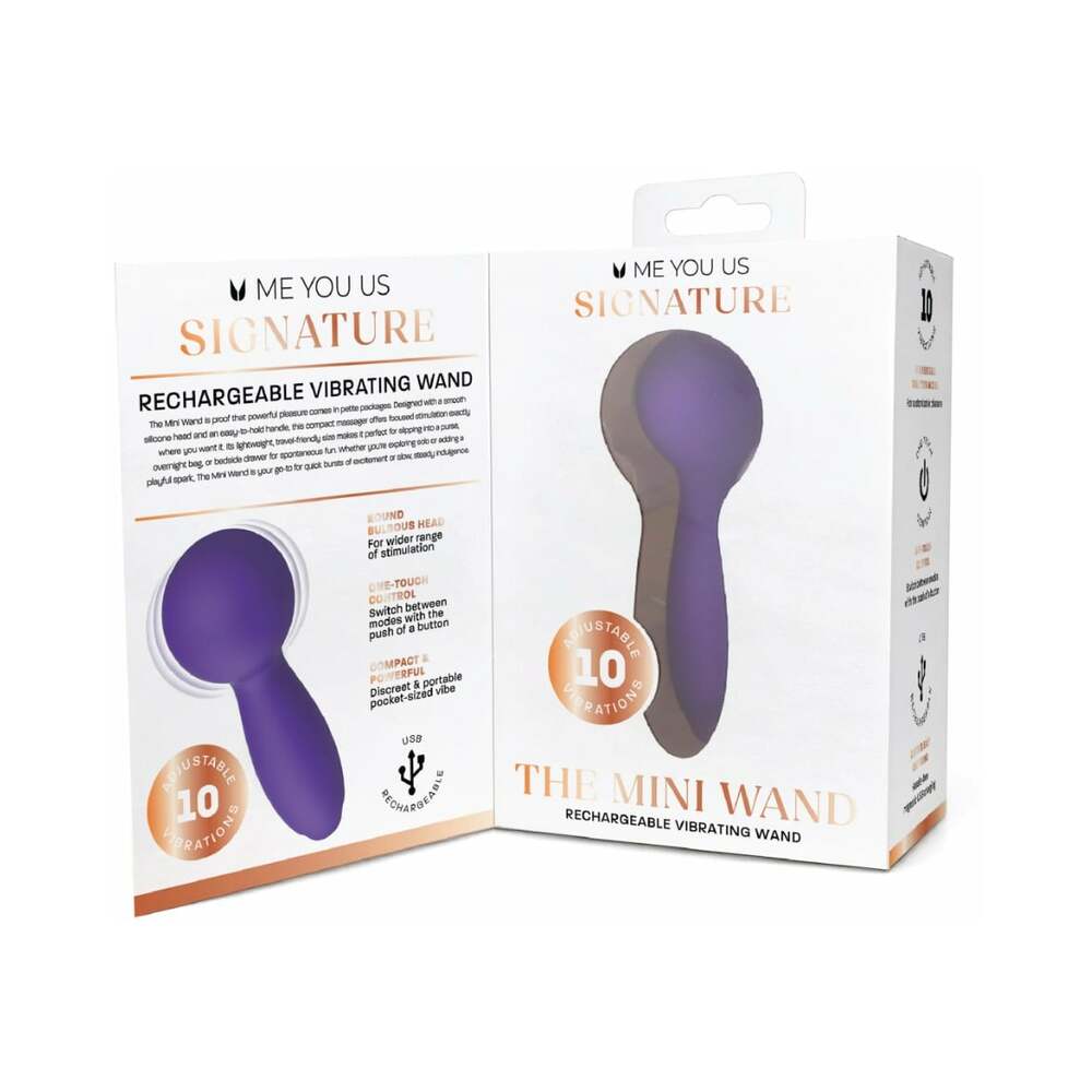 Me You Us Signature The Mini Wand Vibrator packaging showcasing features and design of the compact wand massager.