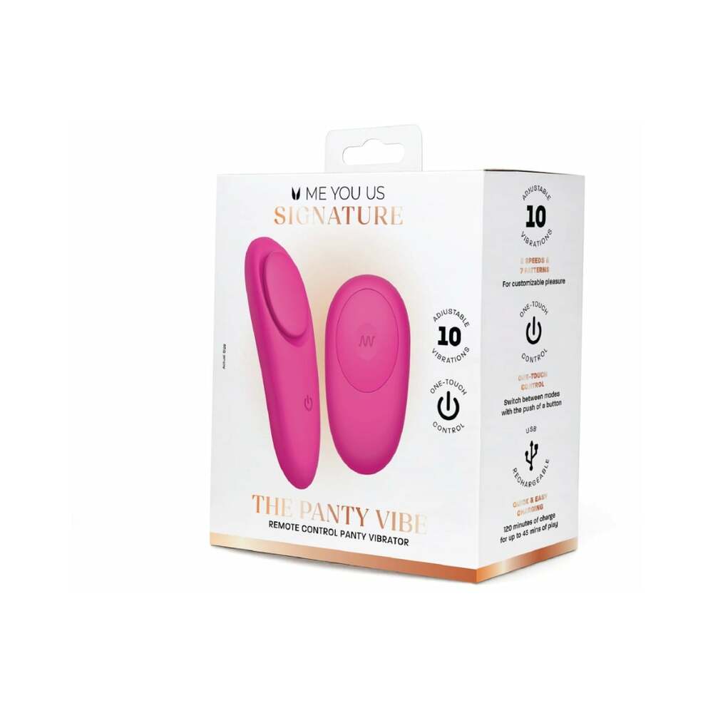 Me You Us Signature The Panty Vibe packaging showing remote control panty vibrator in bright pink.