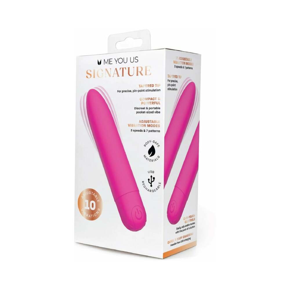 Me You Us Signature The Classic Bullet Vibrator Pink packaging showcasing its features and sleek design.