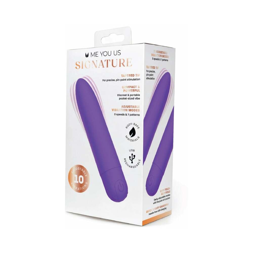 Me You Us Signature The Classic Bullet Vibrator Purple packaging showcasing its compact design and features.