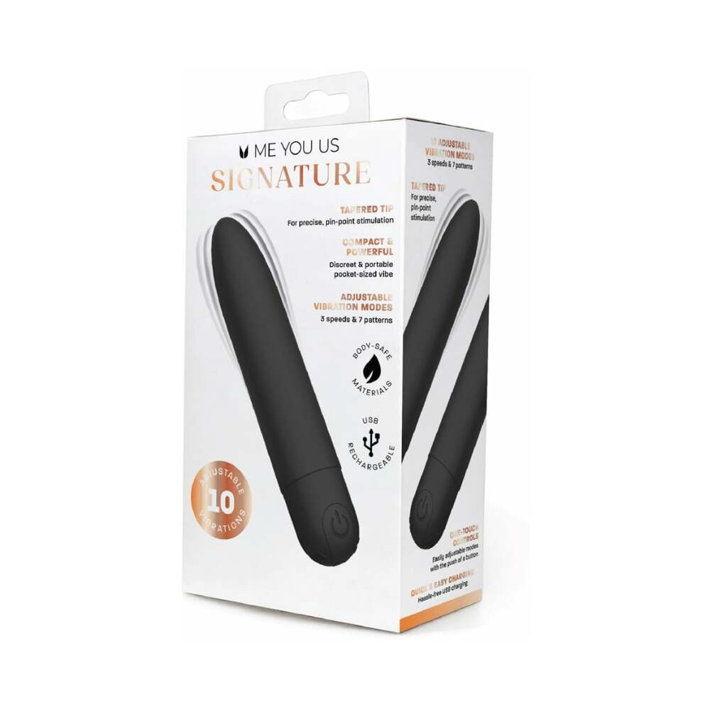 Me You Us Signature The Classic Bullet Vibrator Black packaging, highlighting its compact and powerful design.
