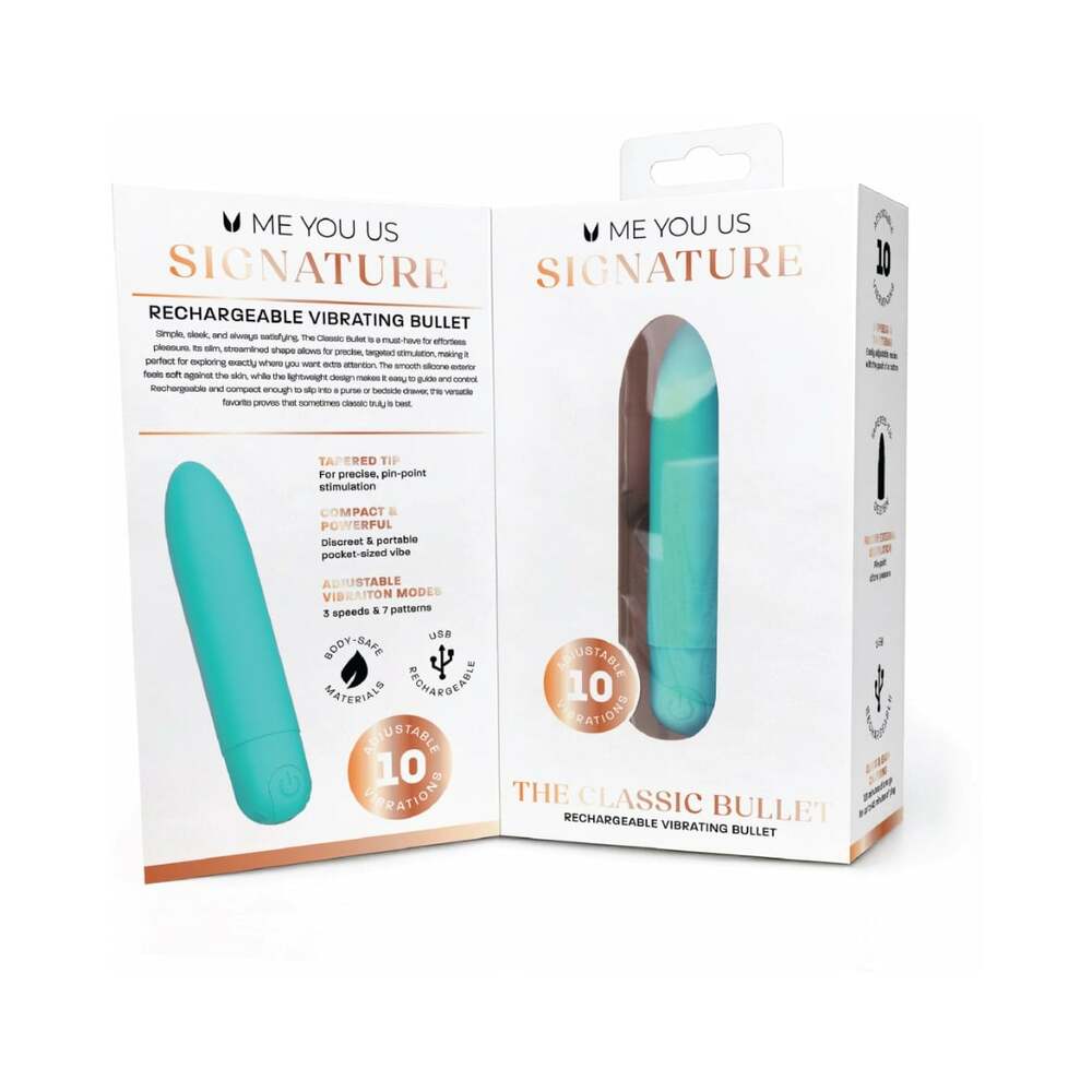 Me You Us Signature The Classic Bullet Teal rechargeable vibrating bullet packaging with specifications