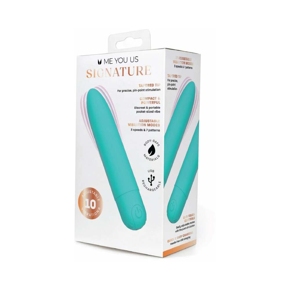 Me You Us Signature The Classic Bullet Teal packaging showcasing its sleek design and adjustable vibration modes.