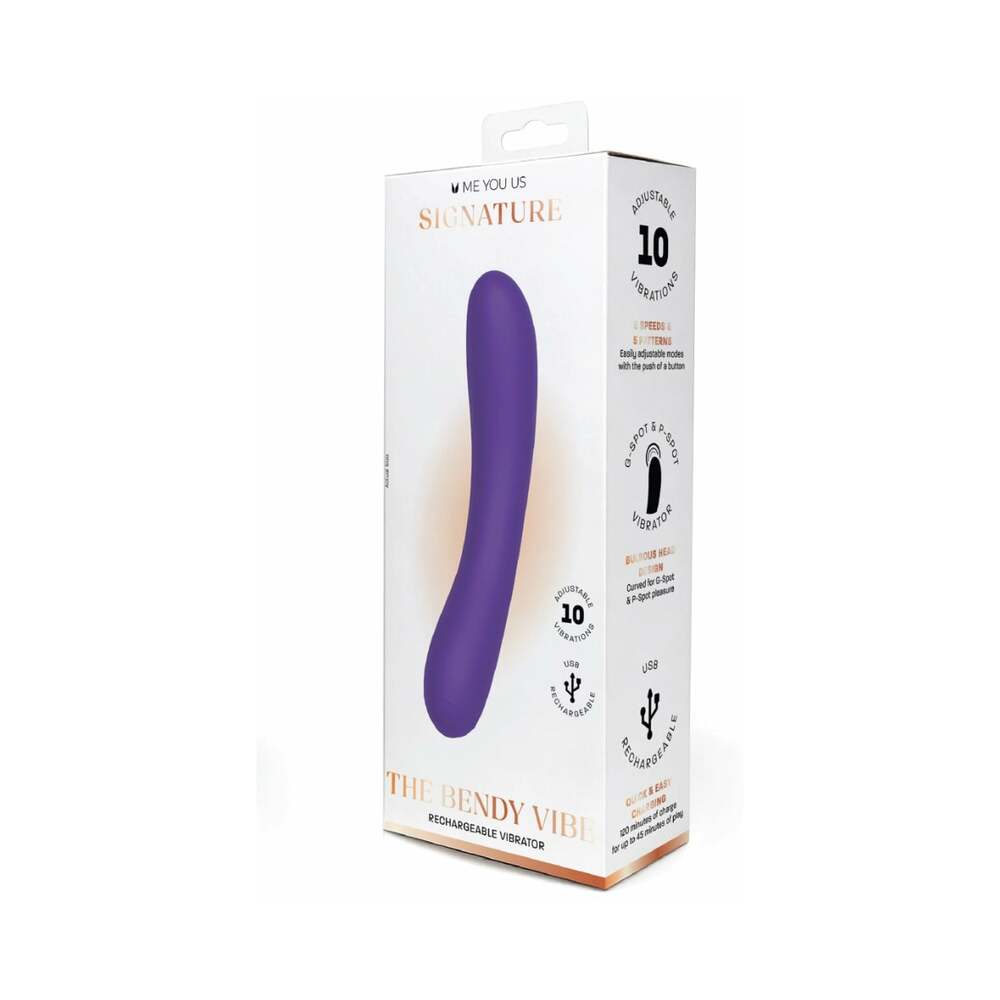 Me You Us Signature The Bendy Vibe Purple in packaging showcasing its slim design and adjustable settings.