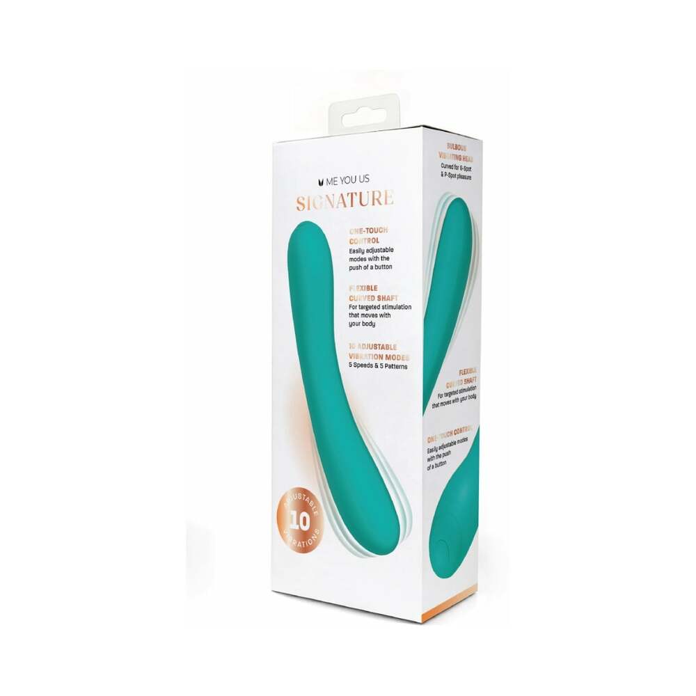 Me You Us Signature The Bendy Vibe Teal personal vibrator packaging showcasing its flexible and adjustable features.