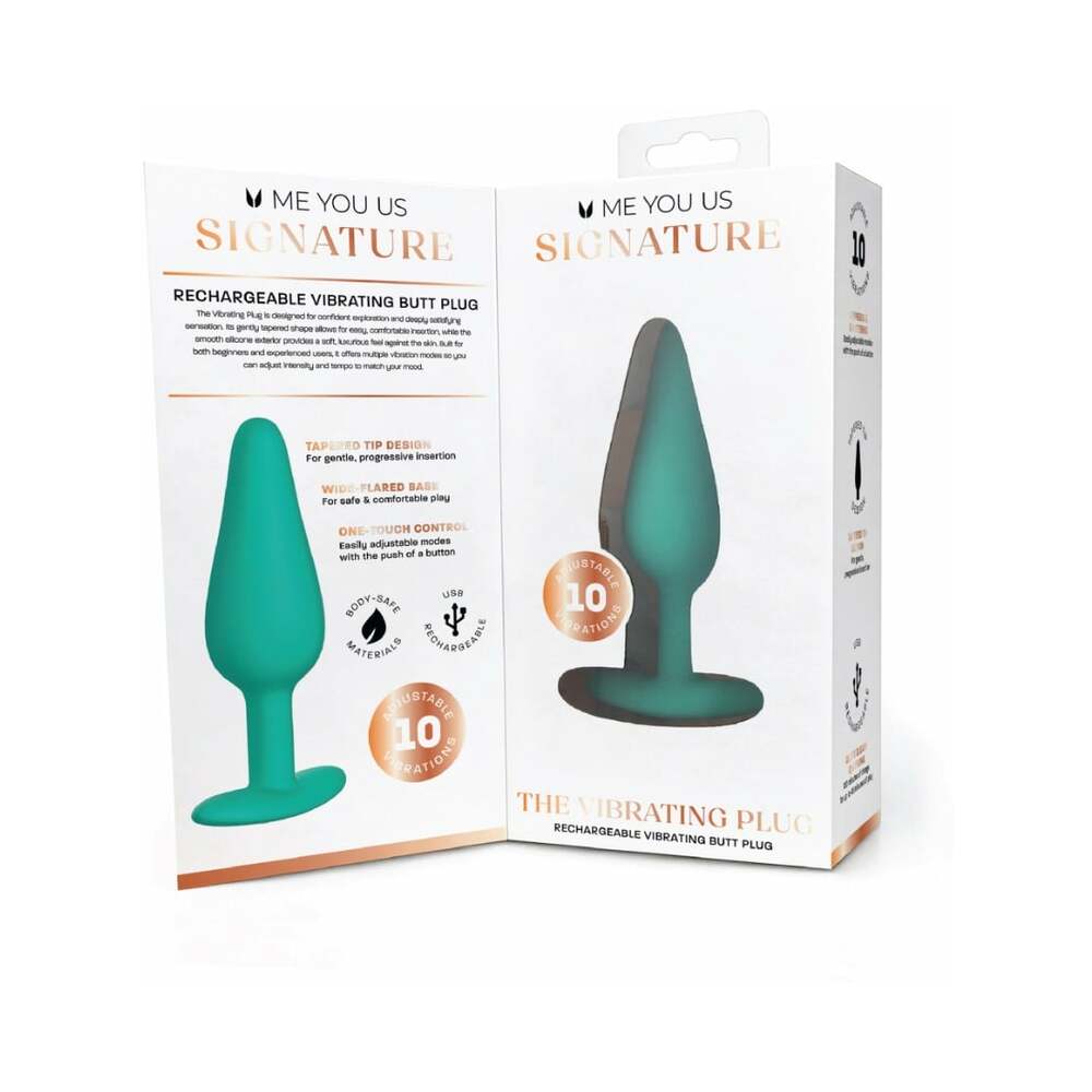 Me You Us Signature The Vibrating Plug Teal packaging showcasing its features and design.