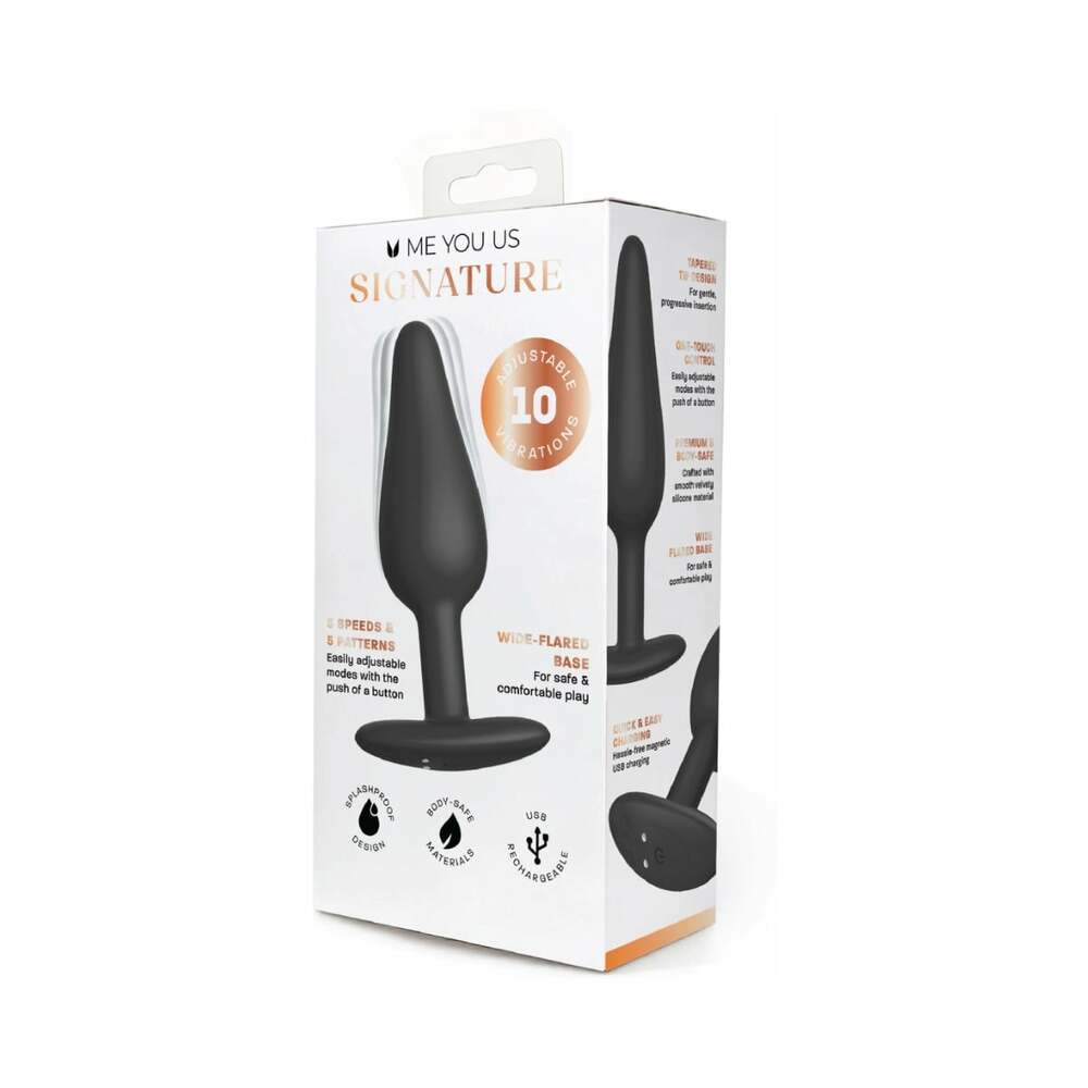 Me You Us Signature The Vibrating Plug Black packaging showcasing its features and adjustable vibration settings.