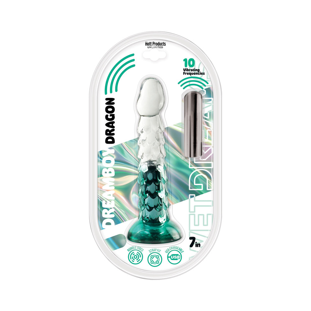 Wet Dreams Dream Boy Dragon 7 Inch Jelly Dildo Aqua in packaging showcasing its design and features.